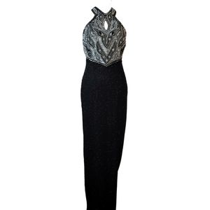 Vintage Laurence Kazar Black and Silver Beaded Full-Length Gown with Slit Size S